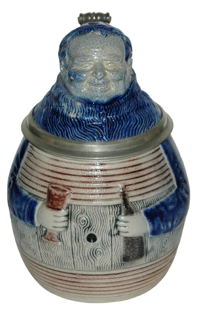 Monk In Barrel w Bottle & Goblet Character Stein: Character Stein 1/2L Stoneware #194. Monk wears barrel and holds bottle and goblet. Mint.