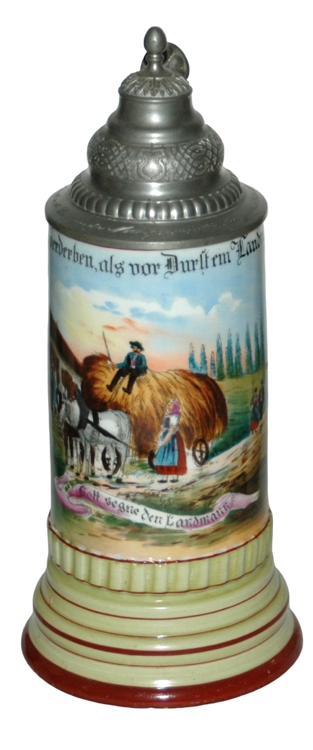 Occupational Farming Scene Hay Loaded Wagon Stein: Occupational Stein 1/2L Porcelain. Farming. Scene of wagon loaded down with hay. Litho. Mint.