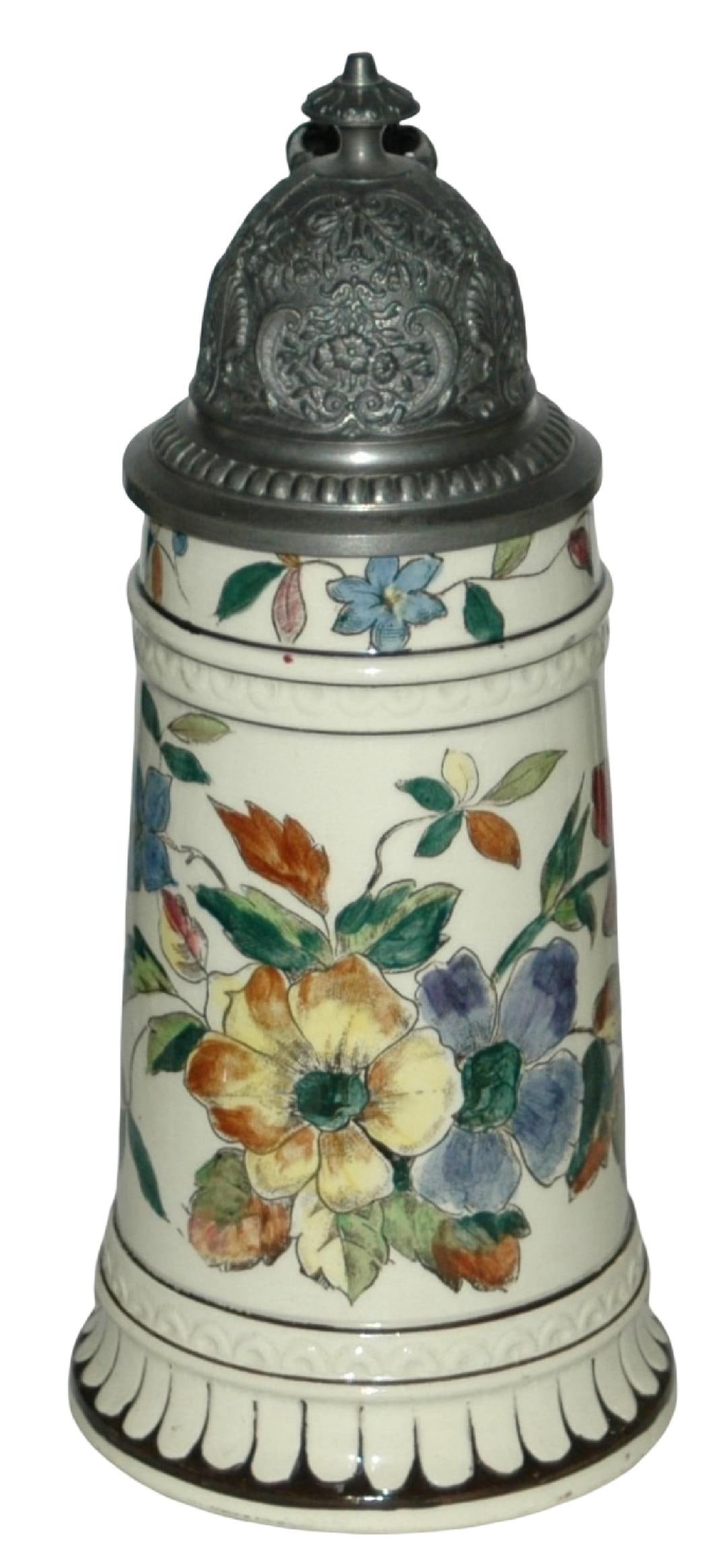 Majolica Ditmar Floral Wrapped Scene Stein: Majolica PUG 1/2L Ditmar. Floral scene around body. Mint.