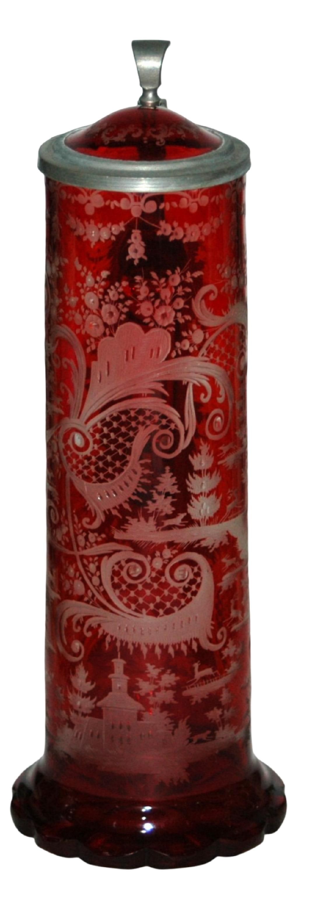 c.1860 Bohemian Wheel-cut Buildings & Floral Stein: Blown Glass 3/4L. Ruby stained and wheel-cut buildings and floral design. Matching glass inlay lid. Bohemian circa 1860. Mint.