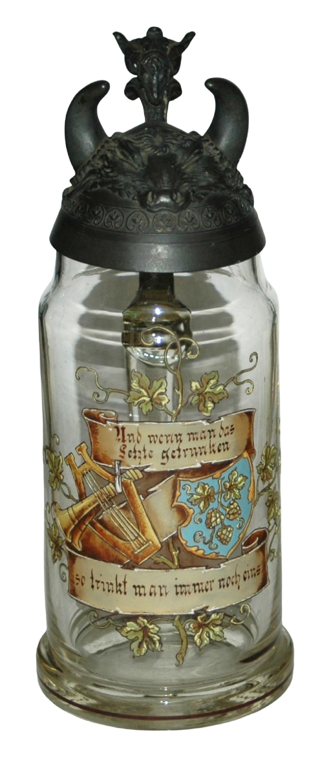 1L Van Hauten Enamel Glass Stein w Horned Lid: Blown Glass 1L. Van Hauten. Enameled shield, harp and verse. Figural horned pewter lid. Mint.