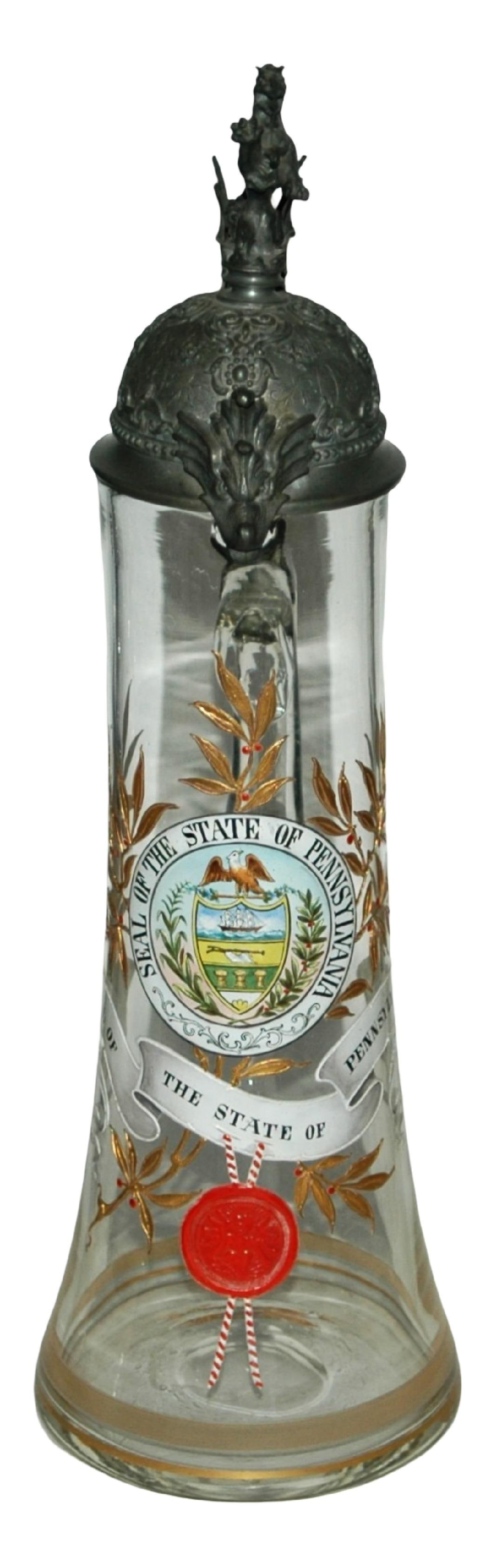 15-1/2" Van Hauten Pennsylvania Stein Fancy Pewter: Blown Glass 15 ½” Stein. Van Hauten with enamel of “Seal of the State of Pennsylvania.” Fancy relief pewter lid with lion finial and dragon thumblift. Mint.