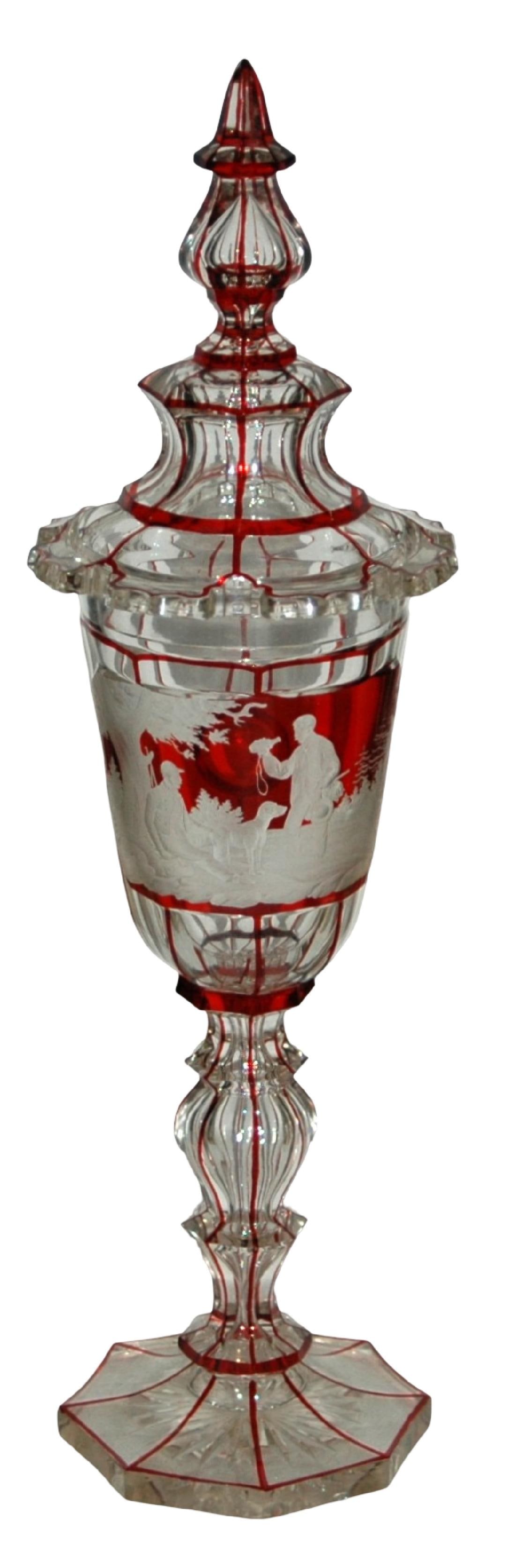 16" Hunters & Dog Glass Pokal Bohemian c.1860 (1 of 5)
