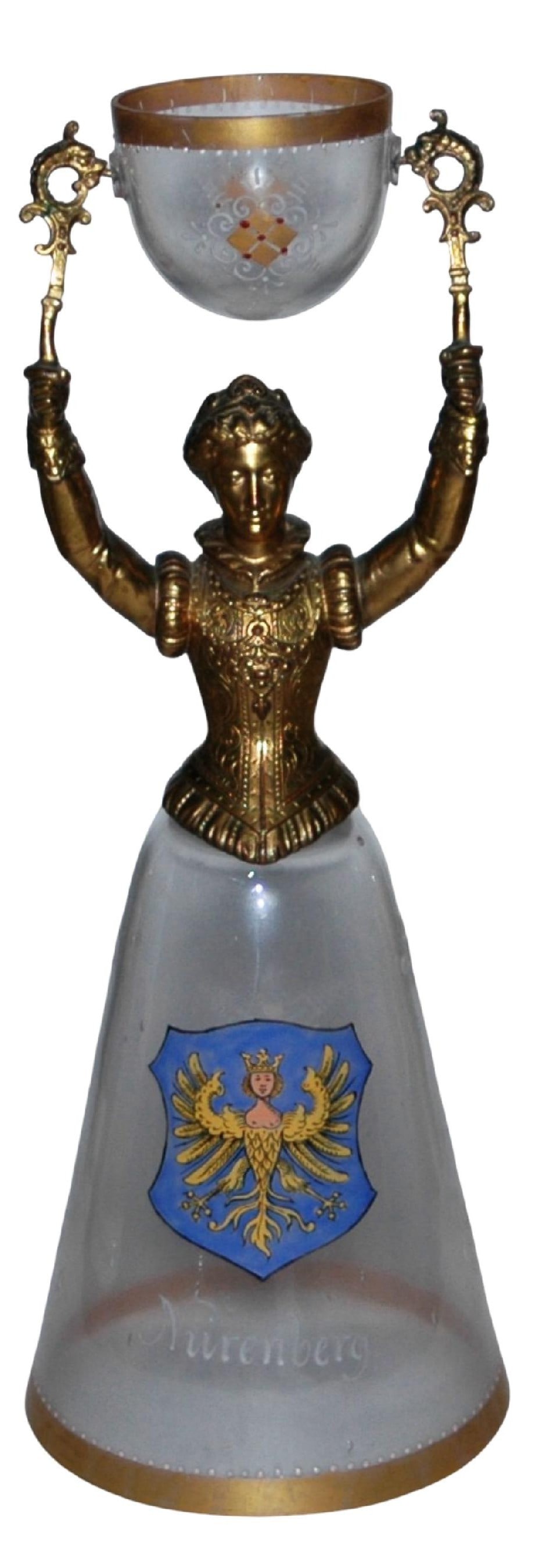 11-1/4" Glass & Brass Wedding Beaker w Shield: Blown Glass and Brass 11 1/4” Wedding Beaker. Enameled Nurnberg shield. Mint.