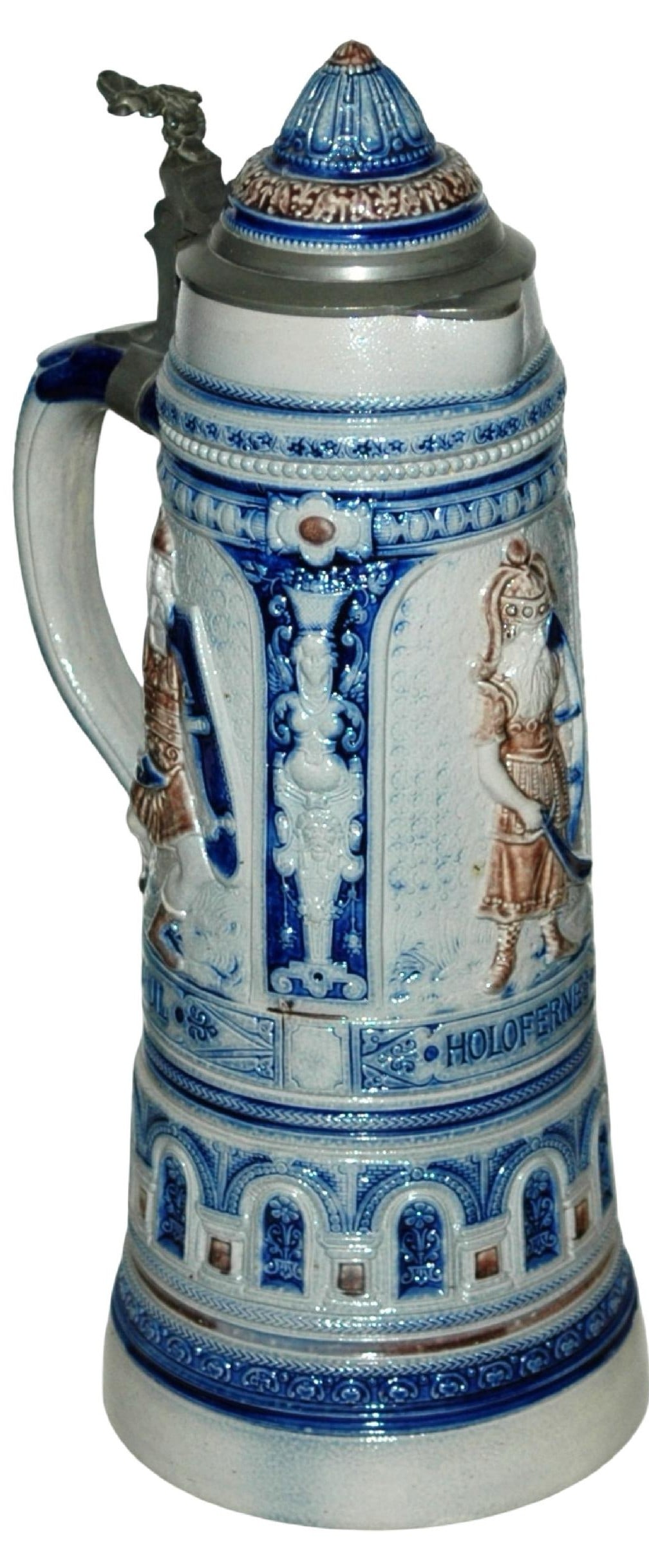2L Saul & Biblical Assyrians Stein w Conical Lid: Stoneware #84 Relief 2L. Saul, Holofern es and Sanherib. Conical inlay lid. Mint.