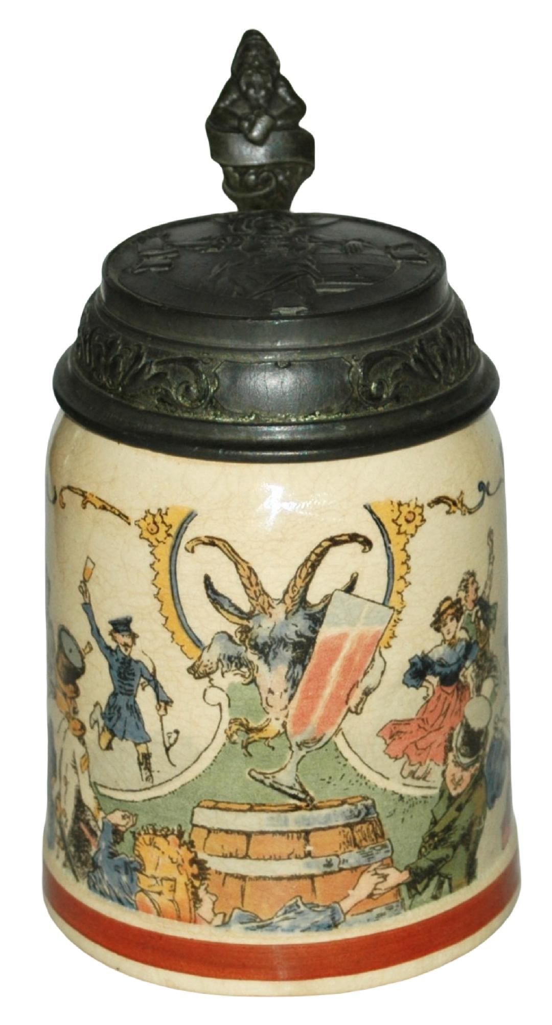 Mettlach Partiers w Goat Stein w Target Girl Lid: Mettlach #1526/1108 PUG 1/2L. Schlitt. Party folks and goat holds goblet. Relief target girl pewter lid. Mint.