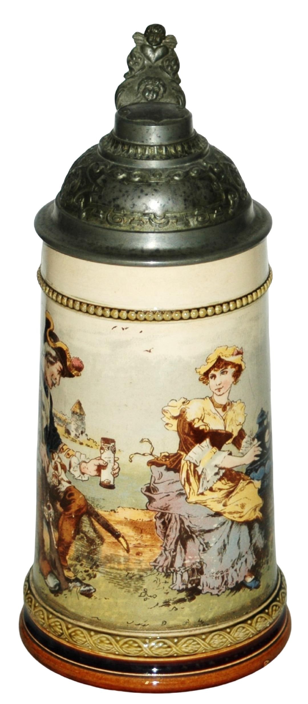 Mettlach Soldiers w Barmaid Schlitt Stein: Mettlach #2271/994 PUG 1/2L. Schlitt. Military men with barmaid. Mint.