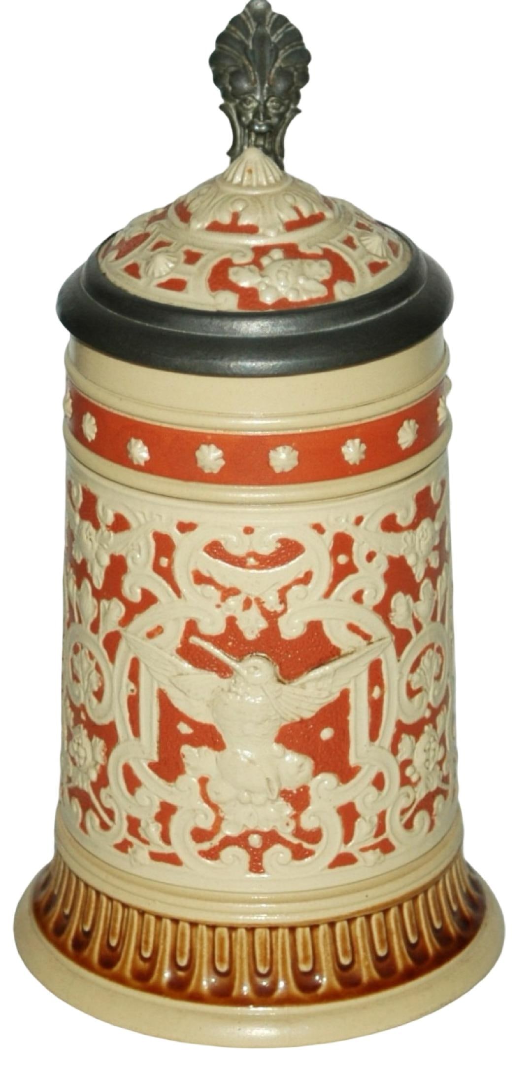 3/10L Mettlach Birds & Busy Floral Design Stein: Mettlach #2232 Relief 3/10L. Birds and busy floral design. Inlay lid. Mint.