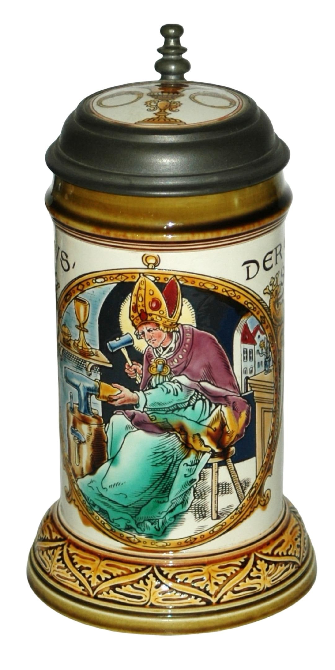 Mettlach Goldsmith Occupational Stein: Mettlach #2726 Etched 1/2L. Goldsmith occupational. Inlay lid. Mint.