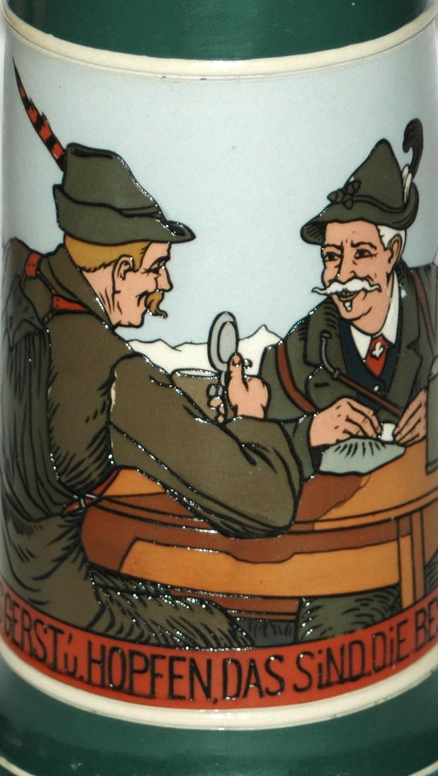 Mettlach Drinking Men w Mountain Background Stein - 2