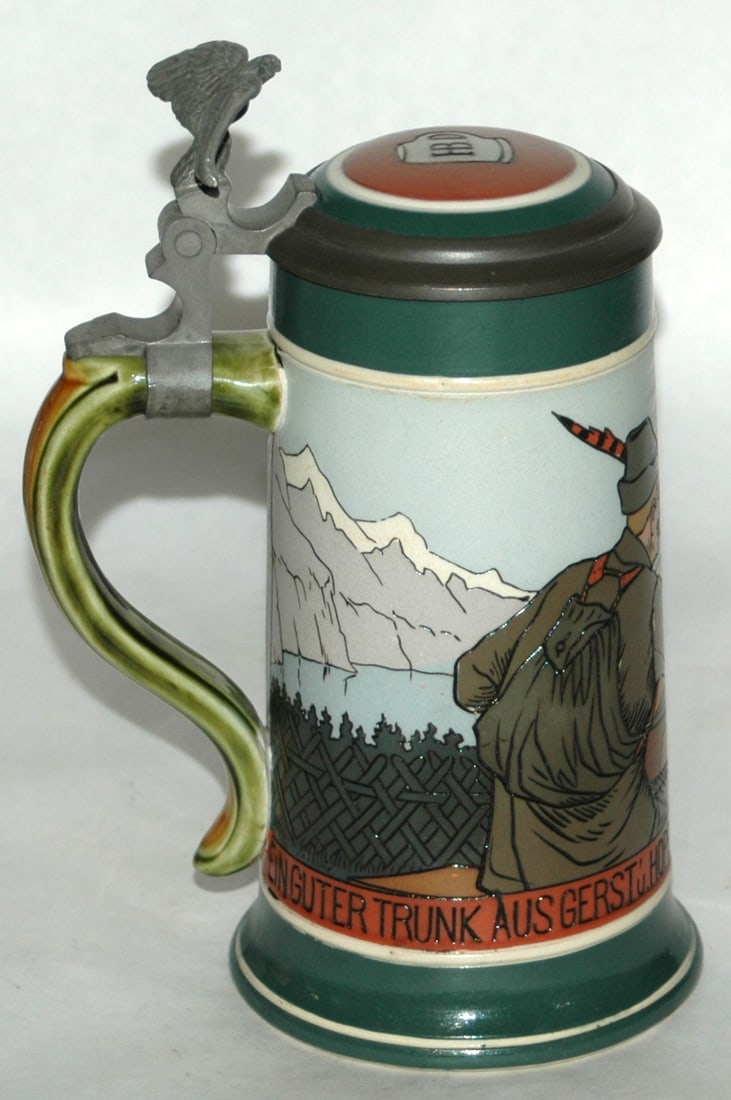 Mettlach Drinking Men w Mountain Background Stein - 3