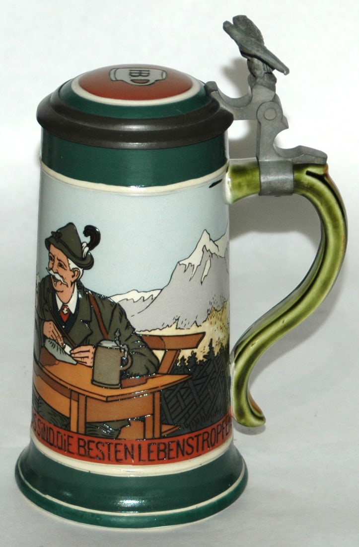 Mettlach Drinking Men w Mountain Background Stein - 4