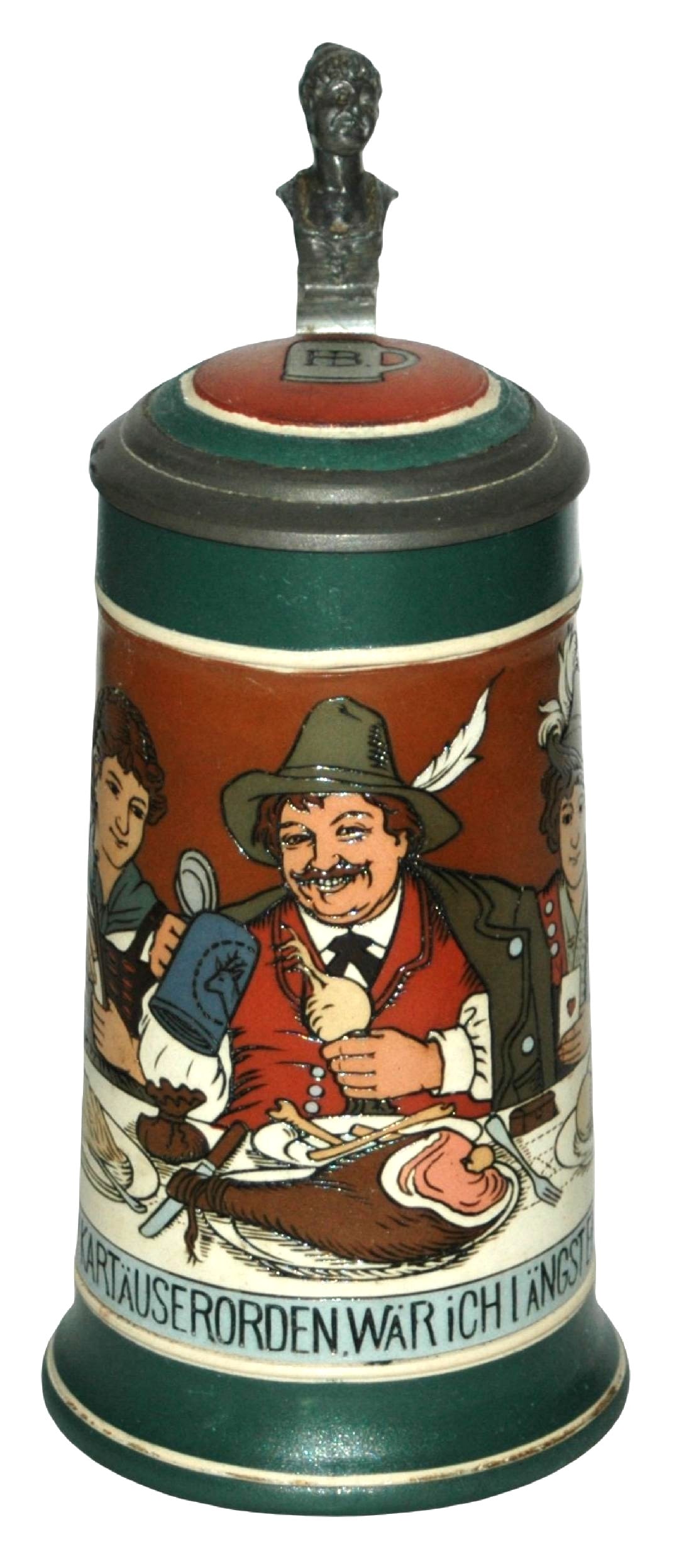 Mettlach People Eating Meals at a Table Stein: Mettlach #3250 Etched 1/2L. Group of three at table with meals set on it. Inlay lid. Mint.