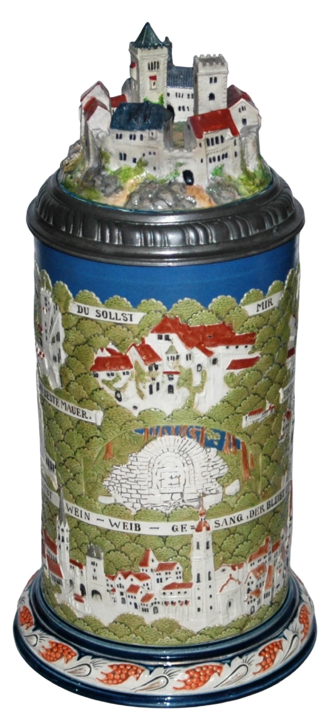 4L Mettlach HTF Wartburg Castle Stein w Dragon: Mettlach #2824 Relief 4L. Wartburg castle with figural lid. (Mate to #2038 and the hard one to find.) Dragon thumblift and hinge skirts.