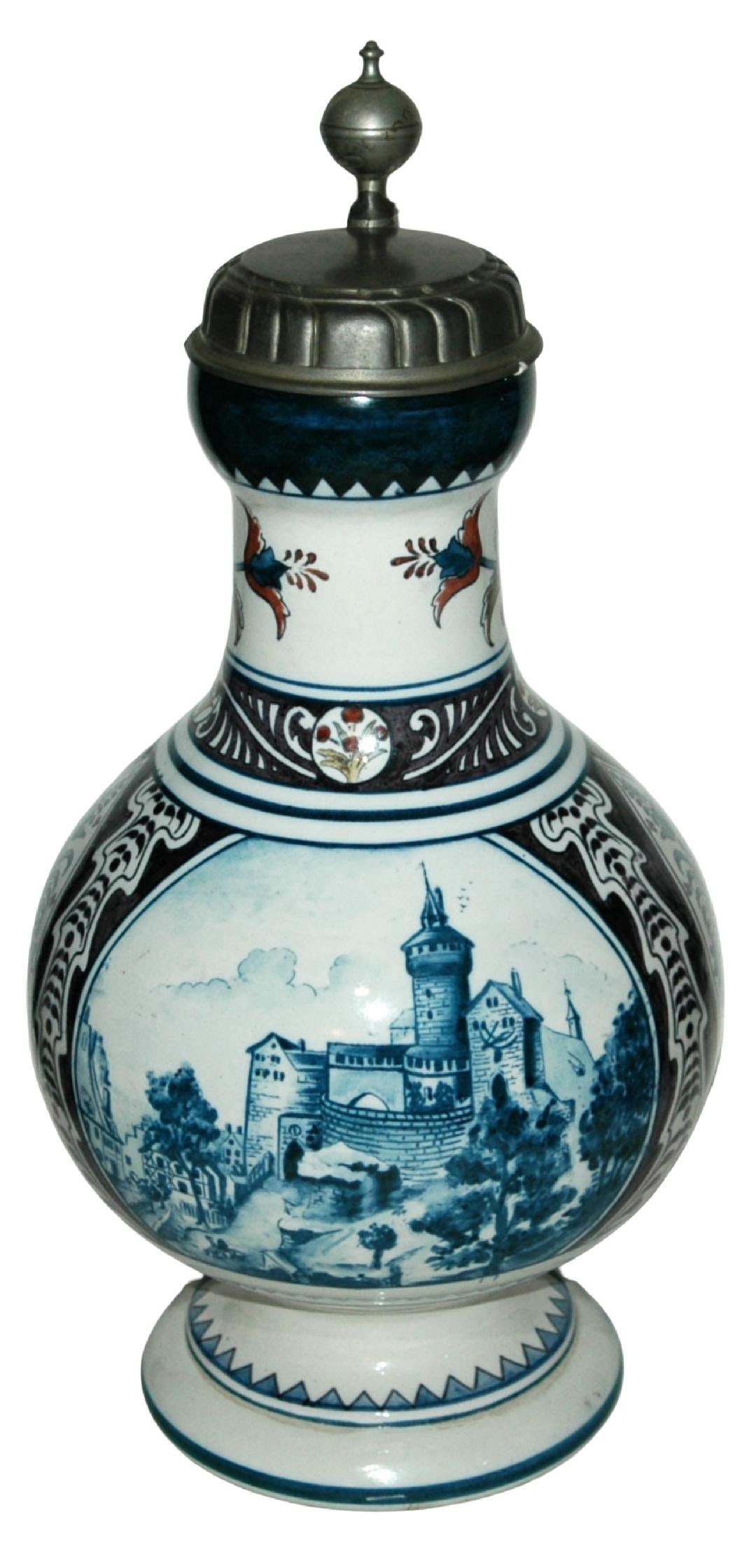5L Mettlach Faience Nurnberg & Floral Stein: Mettlach Faience #5003 POG 5L. Scene of the city of Nurnberg and floral design in blue coloring. Mint.