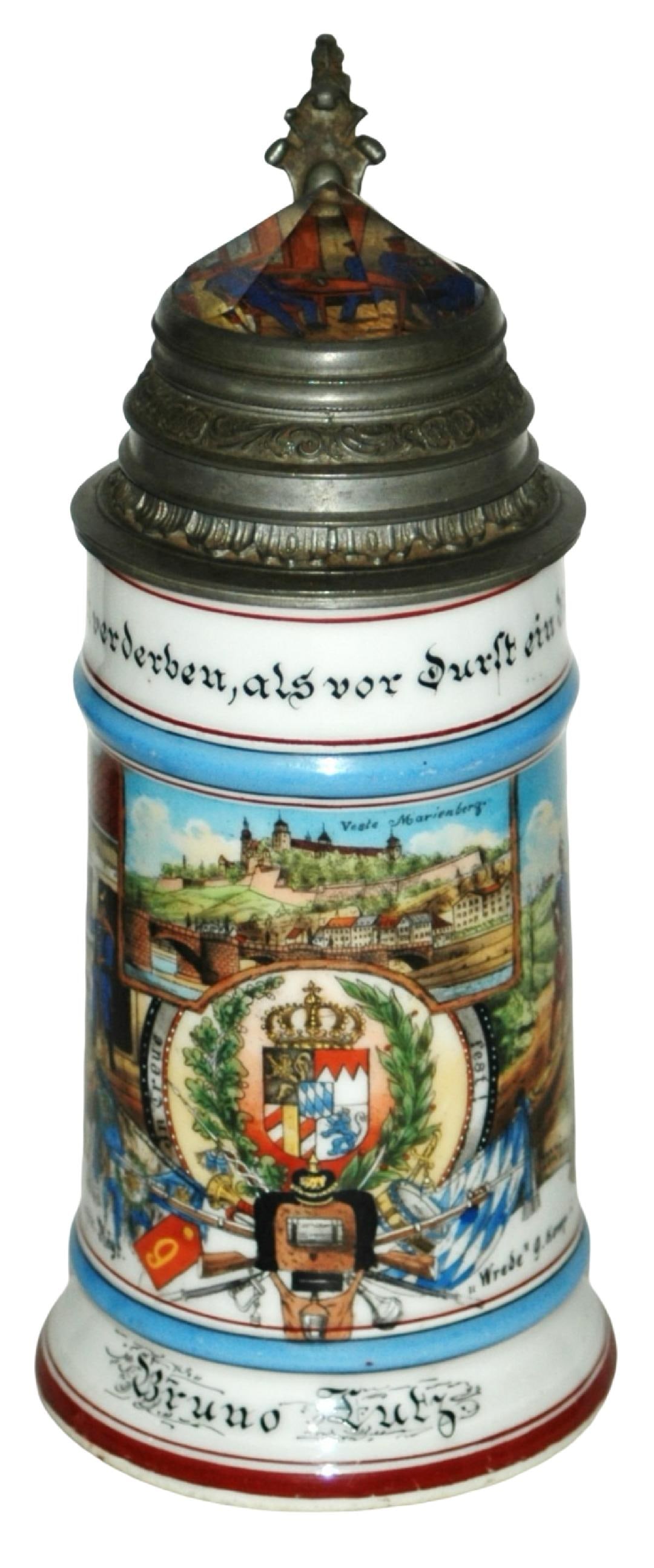 Regimental Inft in Wurzburg Stein w Prism Lid: Regimental Stein 1/2L Porcelain. "9 Inft. Regt. Wrede 9 Komp. in Wurzburg 1898-1900, Bruno Lutz." Two side scenes. Prism lid.