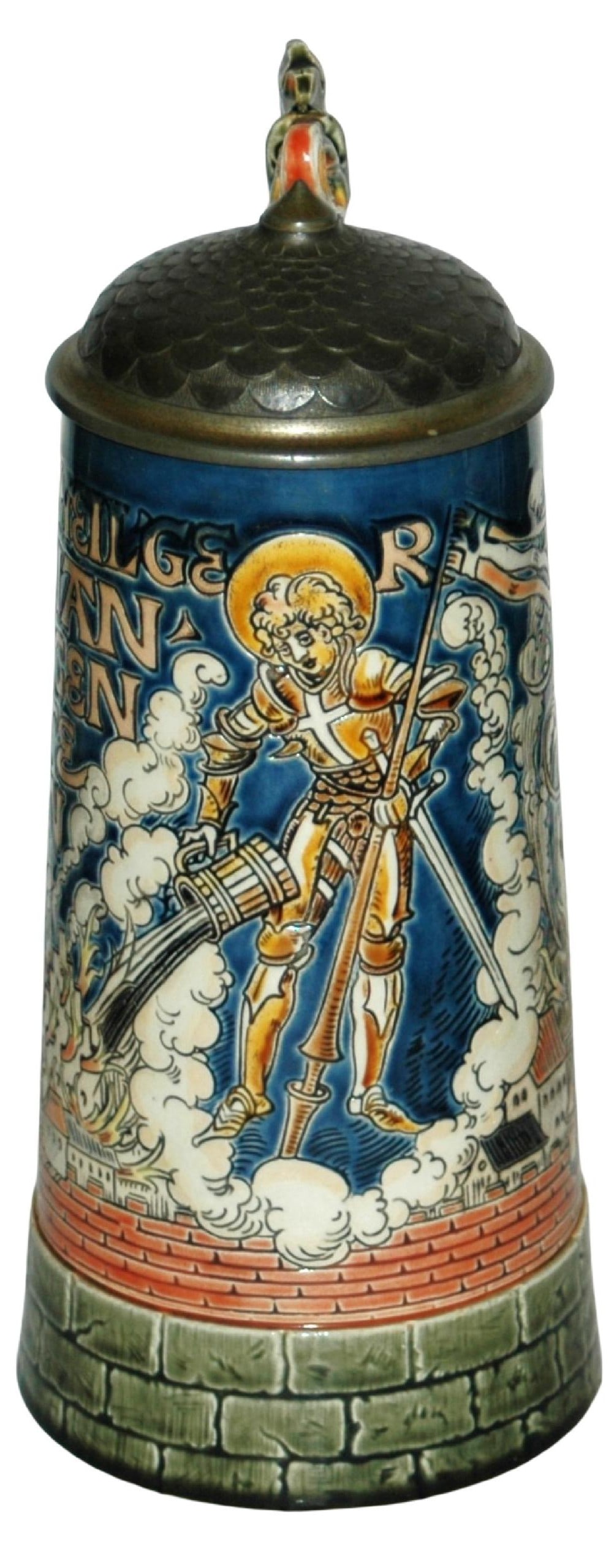 1L Mettlach St Florian Fire Stein w Dragon Handle: Mettlach #1786 Etched 1L. Saint Florian pous beer on burning city. Dragon handle. Mint.