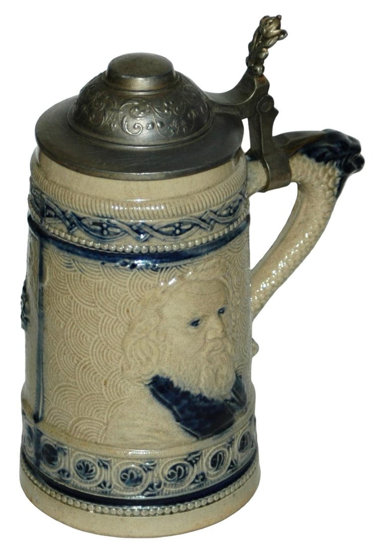 Whites Utica Henry Longfellow Stein w Snake Handle: Whites Utica Stoneware #44 Relief 1/2L. Scene of American Poet Henry Wadsworth Longfellow. Serpent handle. German verse. Mint.