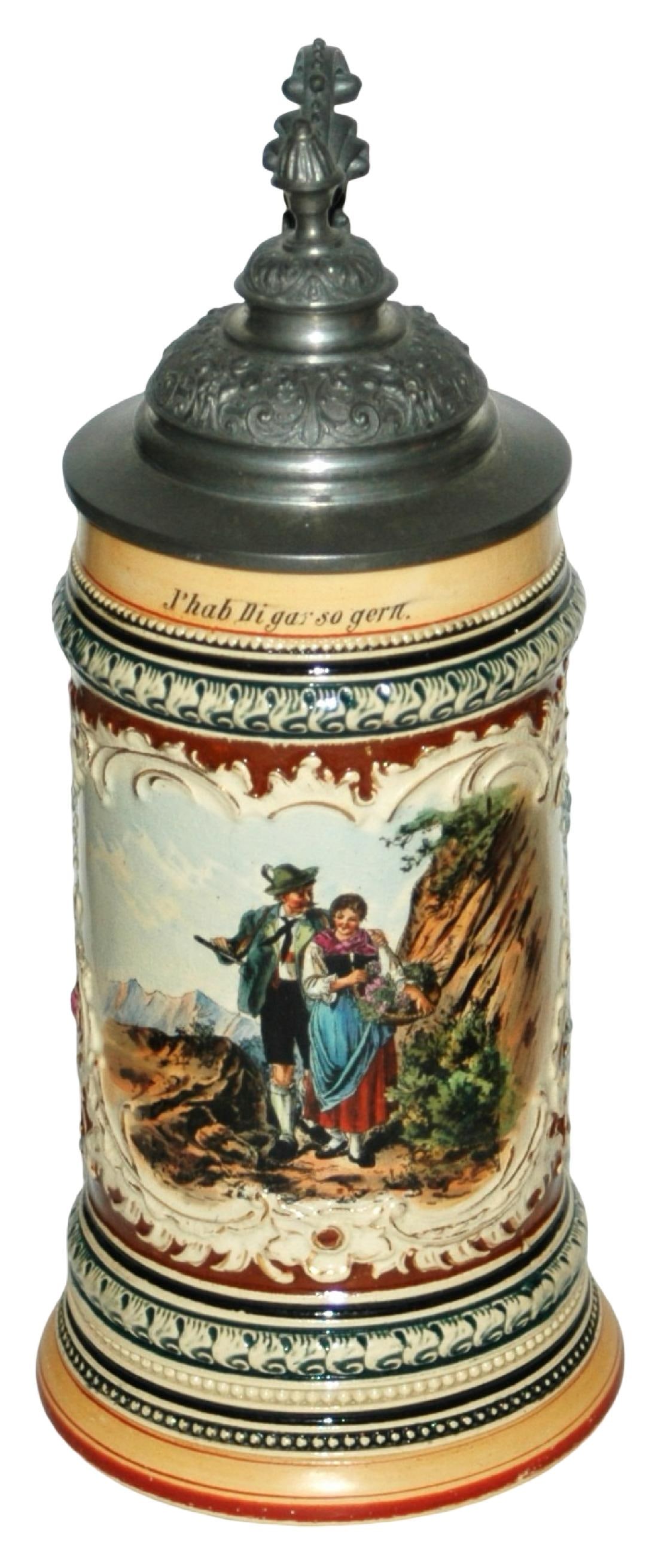 1L Alpine Couple Stein w Fancy Pewter Lid: Pottery #189 Relief & POG 1L. Alpine couple walking. Fancy relief pewter lid. Mint.