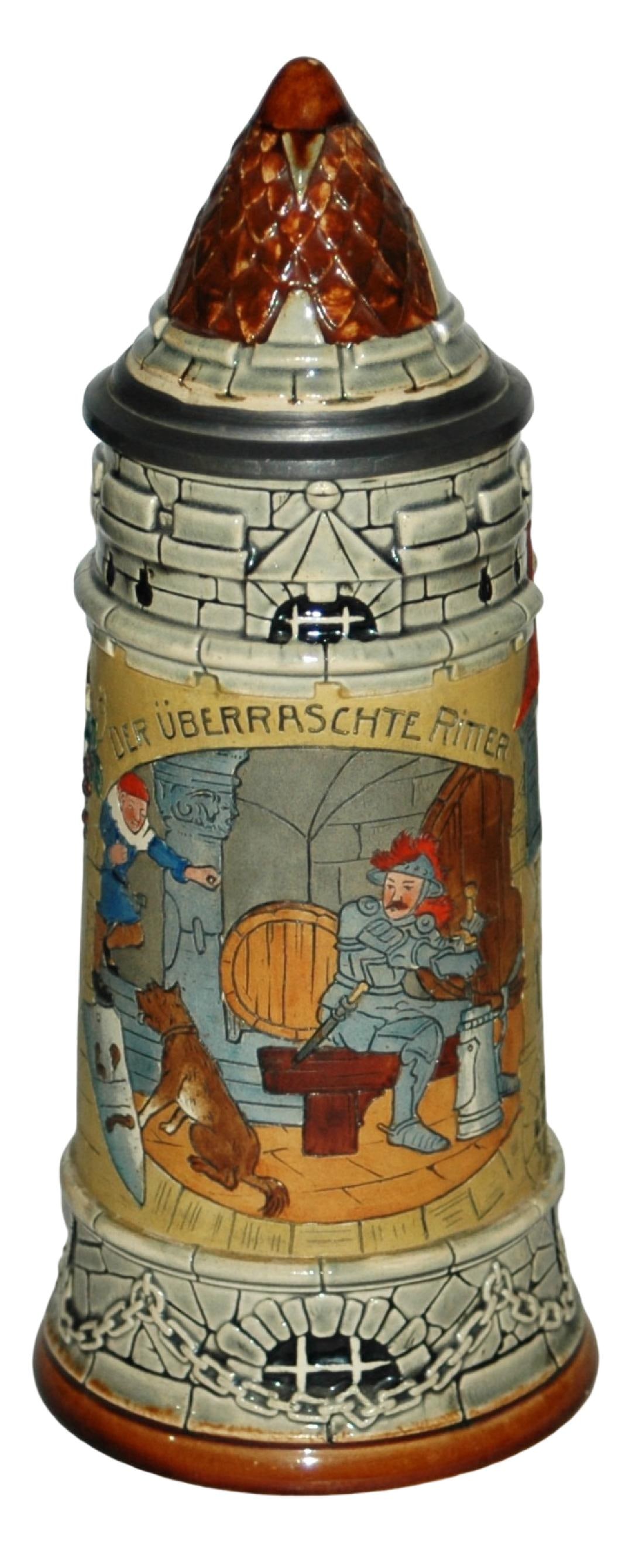 Tower w Knight in Beer Cellar Character Stein: Character Stein 1/2L JW Remy. Tower with etched scene of knight in beer cellar. Conical inlay lid. Mint.