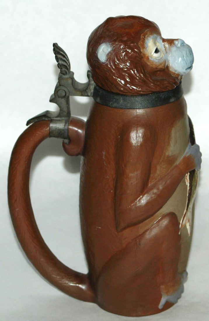 Mettlach Monkey w Fish Character Stein - 3