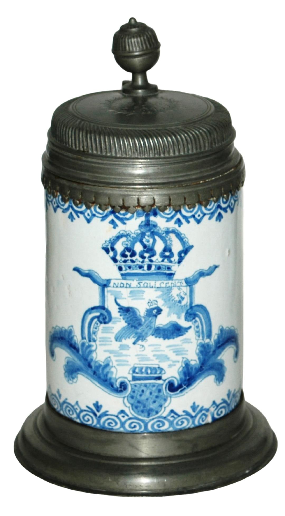 1728 Berlin Faience Eagle Crown Stein Fancy Pewter (1 of 6)