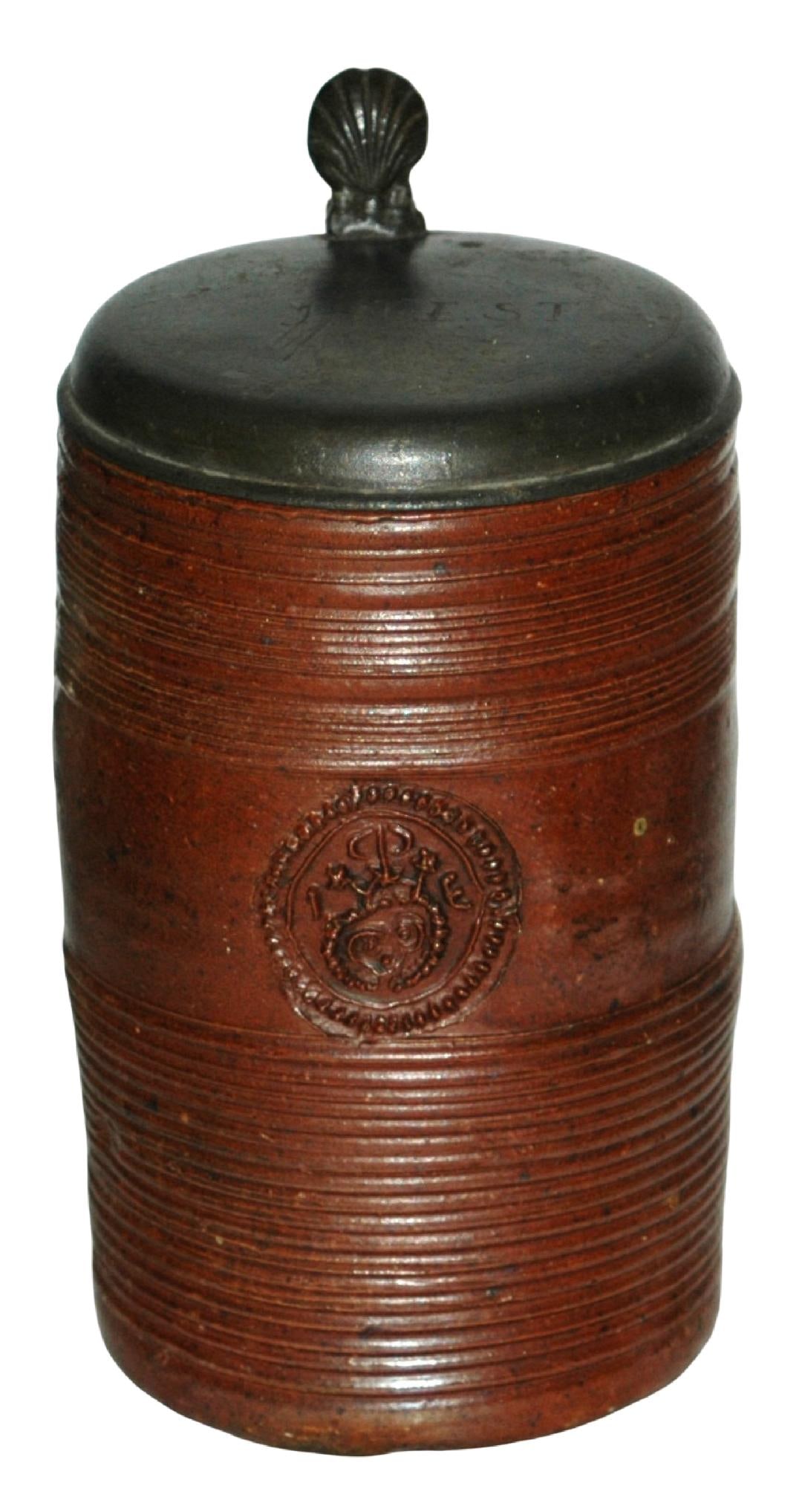1L Duingen Stoneware 1750 Stein w Applied Medalion: Stoneware Stein 1L Duingen Factory. Applied relief medallion and grooved upper and lower body. Circa 1750.
