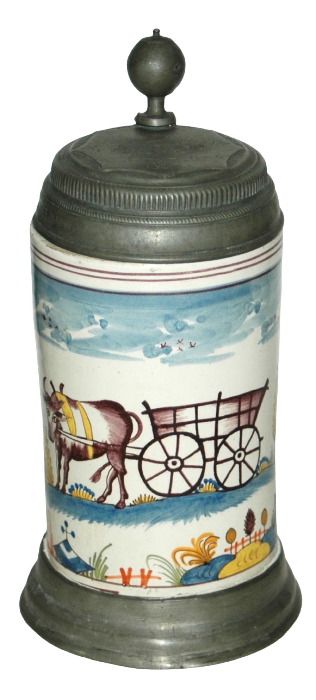 1L Magdeburg Faience 1775 Stein w Ox Cart (1 of 4)
