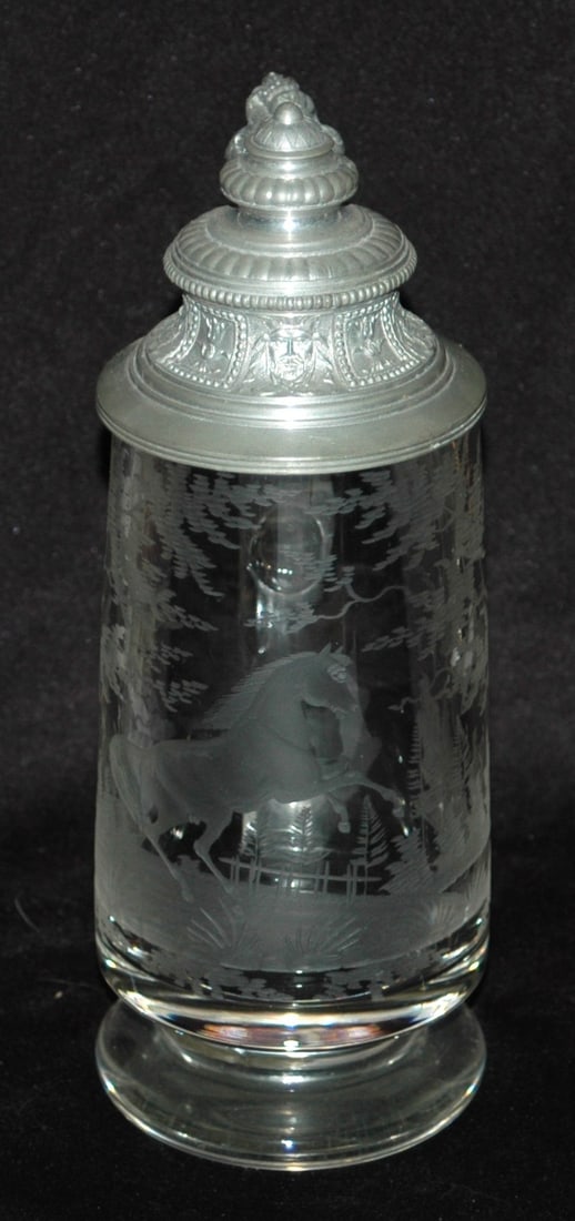 Wheel-Cut Leaping Horse in Forest Glass Stein (1 of 4)