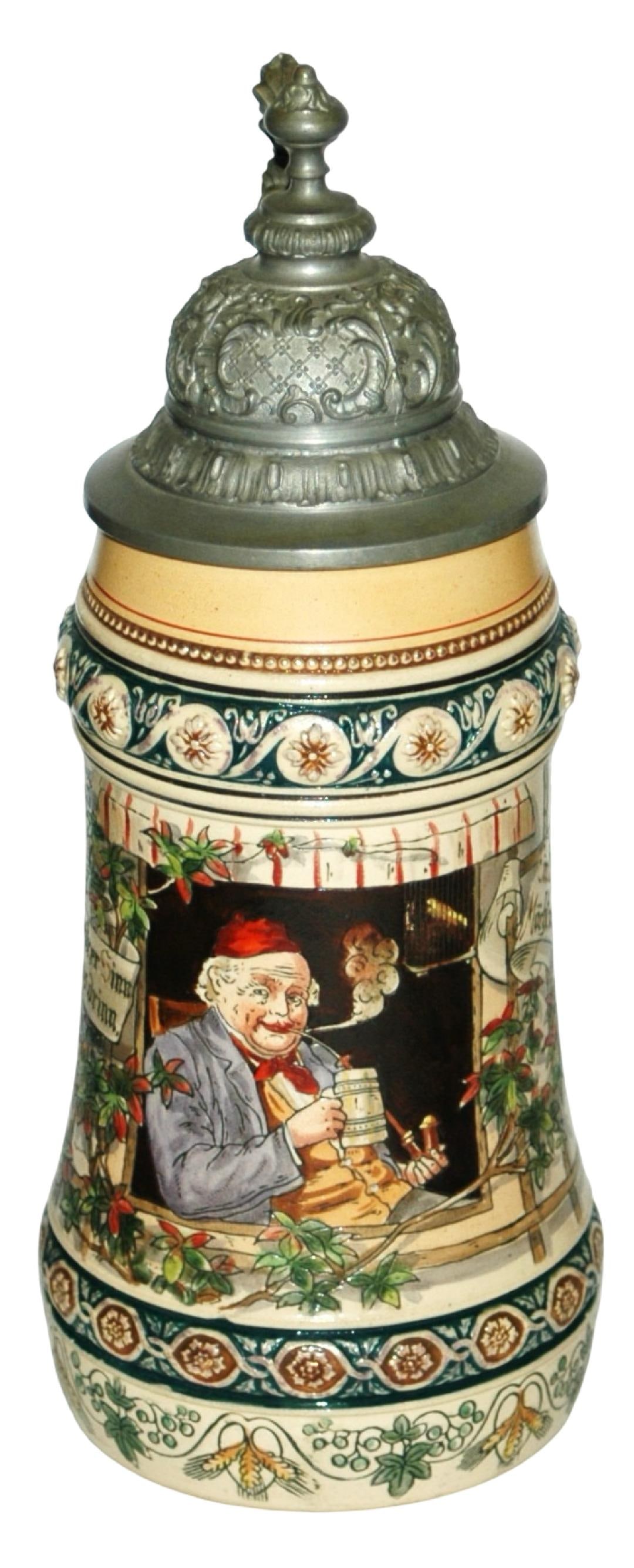 Man w Pipe & Stein , Fancy Relief Pewter Lid: Pottery Reinhold Mekelbach #1691 Etched 1/2L. Man smoking a pipe while holding a stein. Fancy relief pewter lid. Mint.