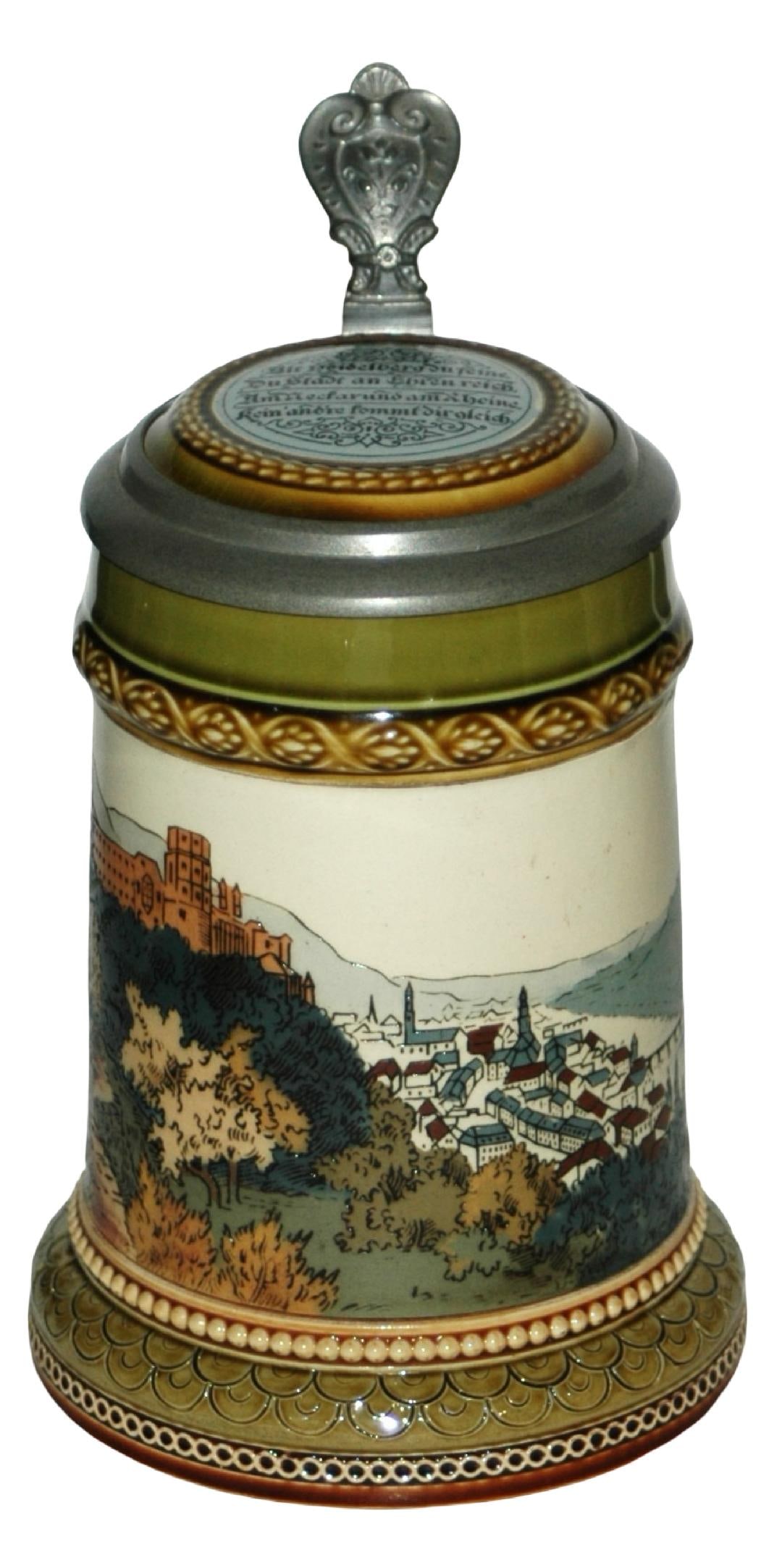 Mettlach 3/10L Heidelberg Castle Stein w Inlay Lid: Mettlach #2277 Etched 3/10L. Heidelberg castle. Inlay lid. Mint.