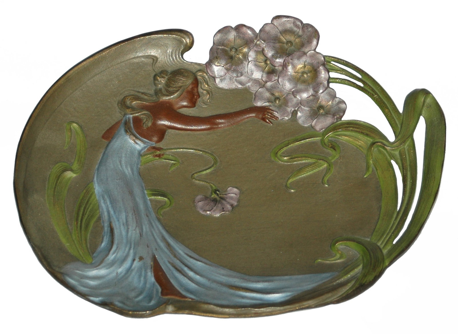 Art Nouveau Woman & Floral Bronze Painted Plaque (1 of 3)