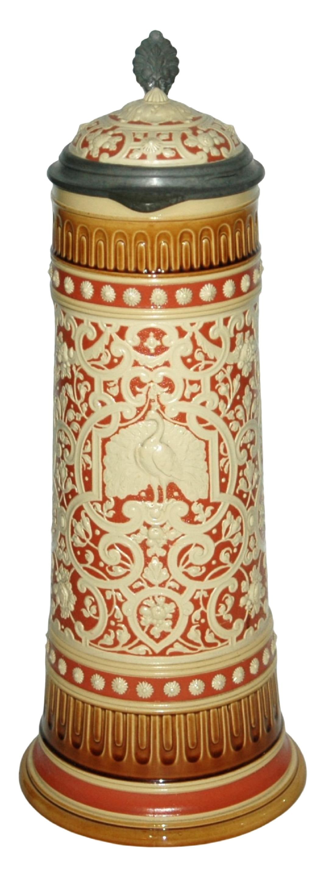 4L Mettlach Busy Birds & Floral Stein & Inlay Lid: Mettlach #2220 Relief 4L. Busy scene of birds and floral. Matching inlay lid.