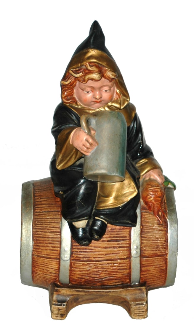Terracotta Munich Child on Barrel w Large HB Stein: Terracotta 8" Figure. Munich Child sits on barrel with large HB stein. Very good condition.