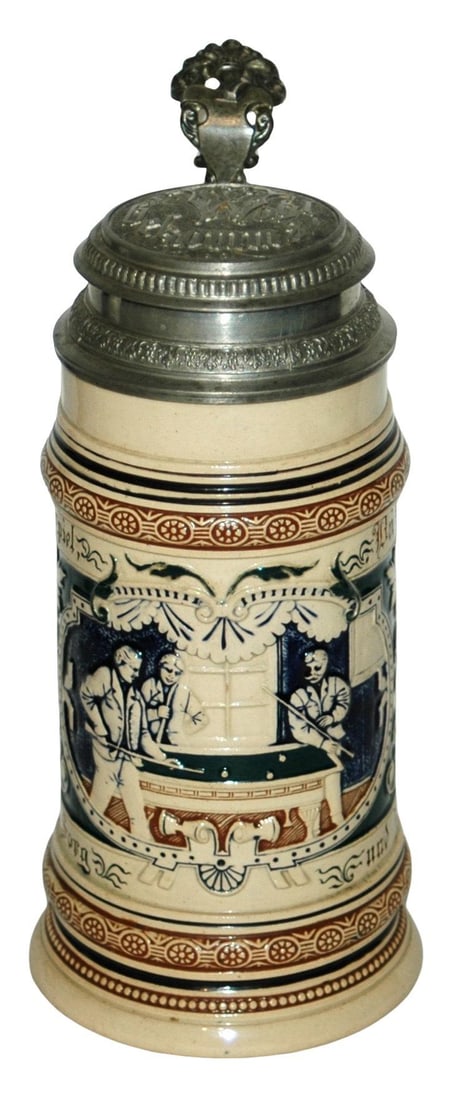 Rare Men Playing Billiards Stein wFancy Pewter Lid (1 of 5)
