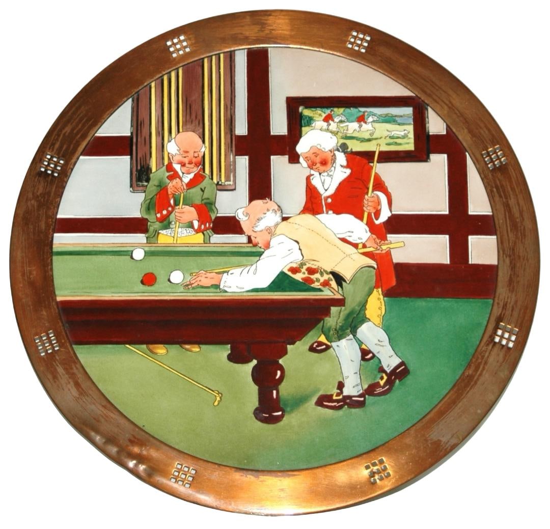 14" Men Playing Billiards Plaque w Copper Frame (1 of 1)