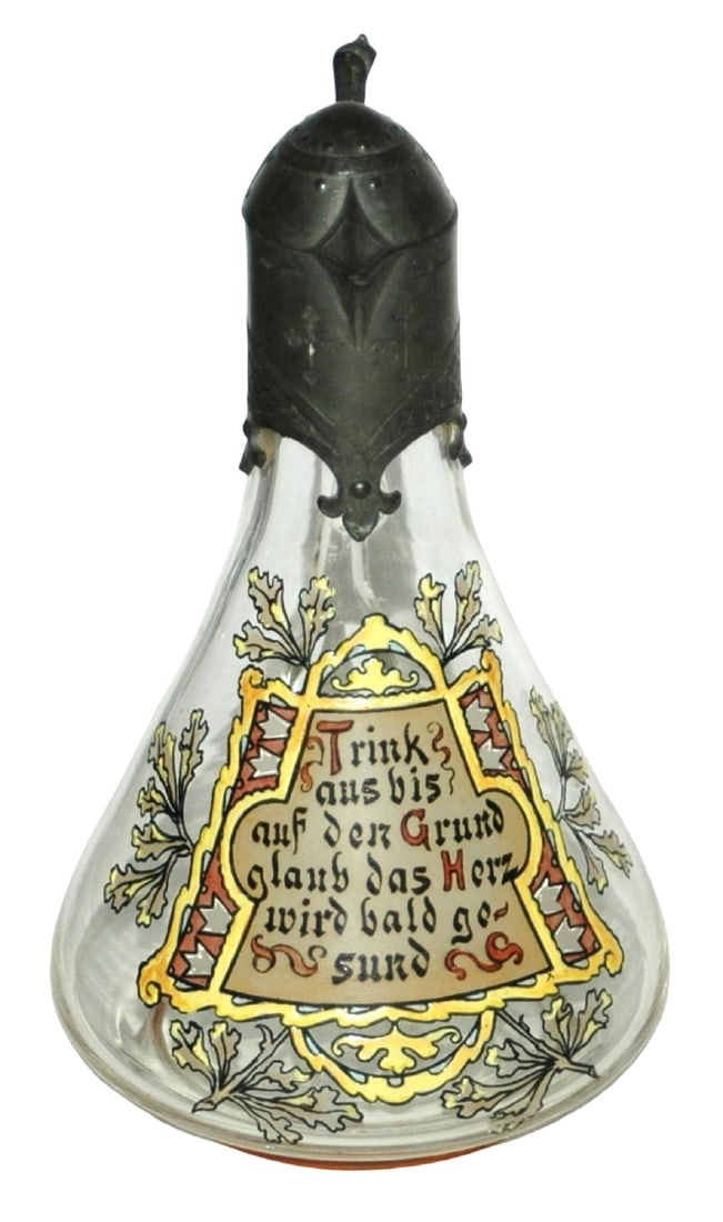 Van Hauten Enamel Oak & Verse Stein w Fancy Pewter: Blown Glass 1/2L. Van Hauten. Enameled verse and oak leaf design. Fancy pewter neck and lid. Mint.