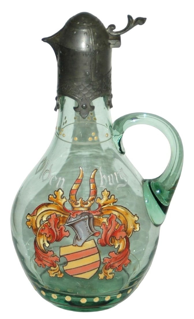 Van Hauten Oldenburg Shield Stein Fancy Pewter: Blown Green Glass 1/2L. Van Hauten. Enameled Oldenburg shield. Fancy pewter neck and lid. Mint.