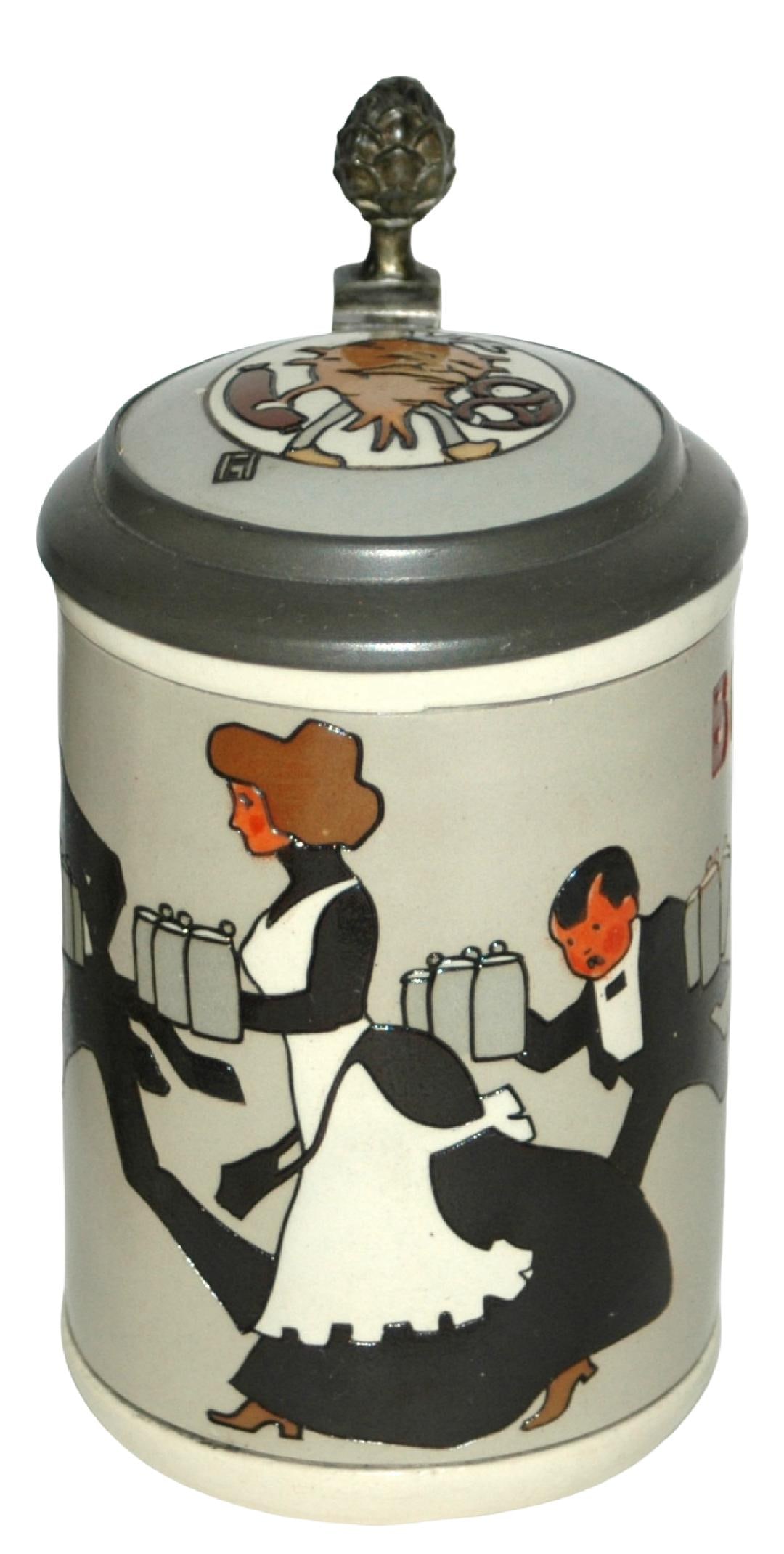 Mettlach Hohlwein Family Walks w Many Steins: Mettlach #3167 Etched 1/2L. Hohlwein. Couple and boy walk with fist full of steins. Inlay lid. Mint.