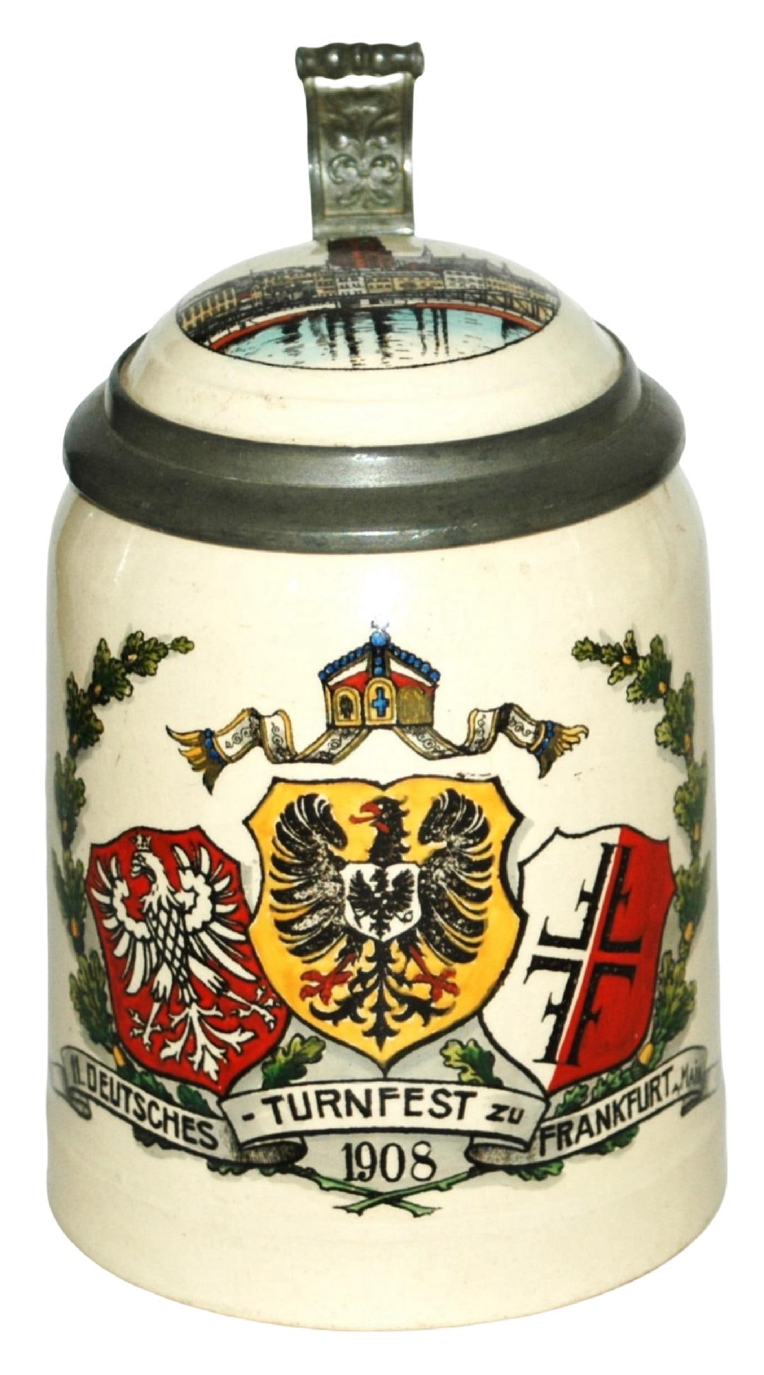 Mettlach 4F Turnfest Frankfurt 1908 Stein w Inlay: Mettlach #1526 PUG 1/2L. "11 Deutsches Turnfest Frankfurt 1908." Inlay lid of Frankfurt. Mint.