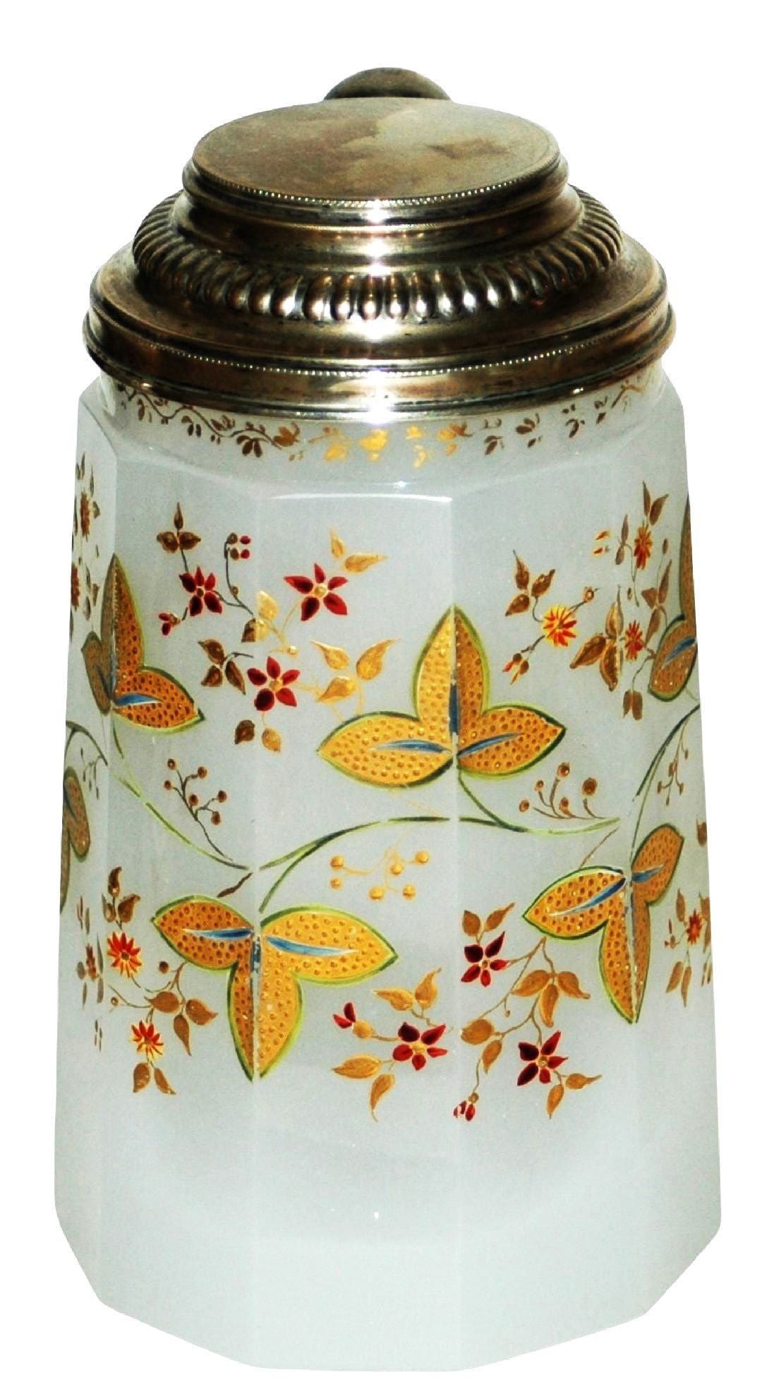 Opaline Enamel Floral Stein w Silver Lid c.1850: Blown Opaline Glass 1/2L. Enameled floral enamel on faceted body. Silver lid. Bohemian circa 1850. Mint.