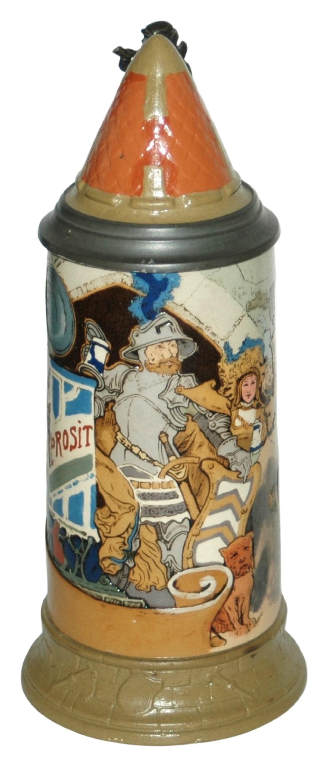 Mettlach Knight at Castle Party Stein w Roof Lid: Mettlach #2580 Etched 1/2L. Schlitt. Knight at castle party. Conical inlay lid. Mint.