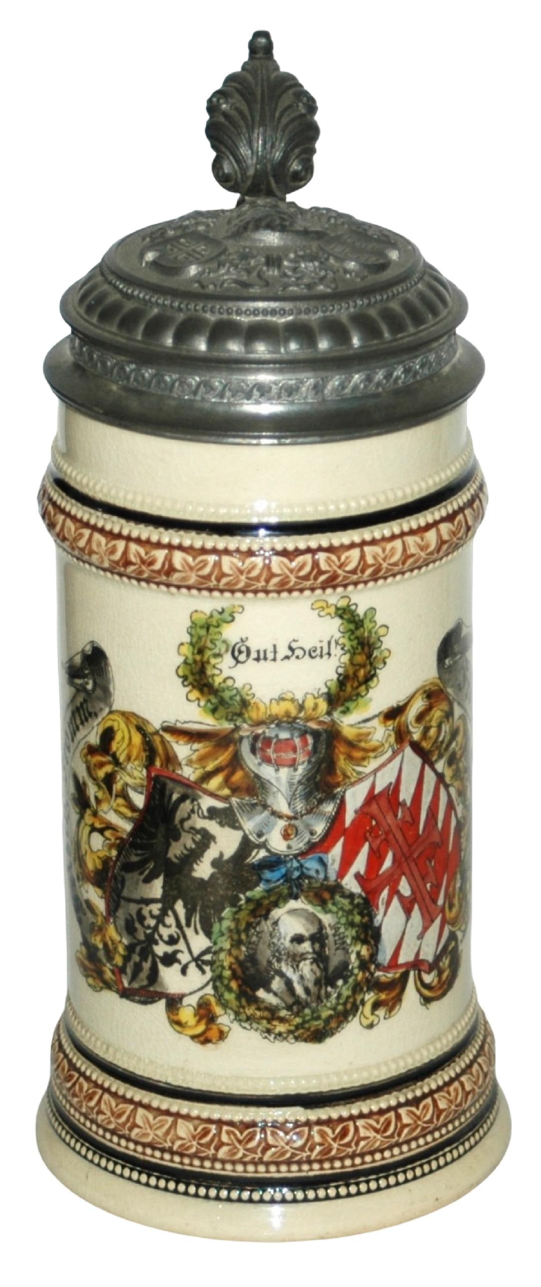 Father Jahn 4F Shields Stein w 4F Pewter Lid: Pottery POG 1/2L. Father Jahn and 4F shields. Relief 4F pewter lid. Mint.