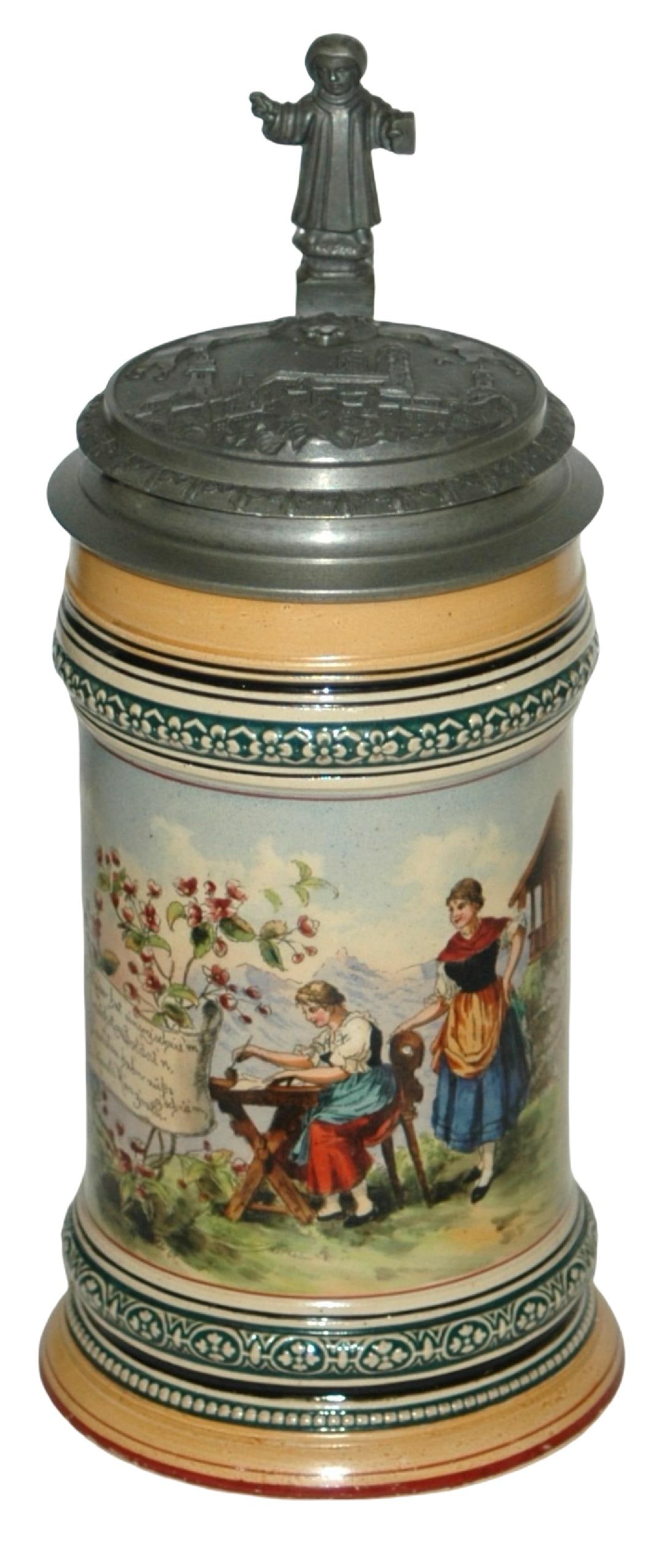 Women Outdoors Stein w Munich Child Thumblift: Pottery Reinhold Merkelbach #570 POG 1/2L. Women in outdoor scene. Relief Munich view pewter lid. Munich Child thumblift. Mint.