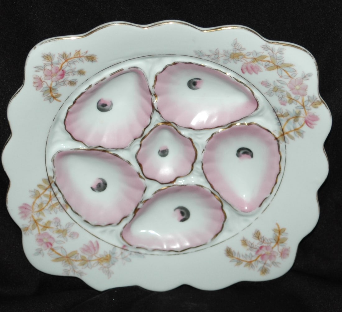 Mark &Gutherz Carlsbad Oyster Plate w Florals: Porcelain Mark & Gutherz, Carlsbad 9" Oyster Plate. Six wells and Floral design. Mint.