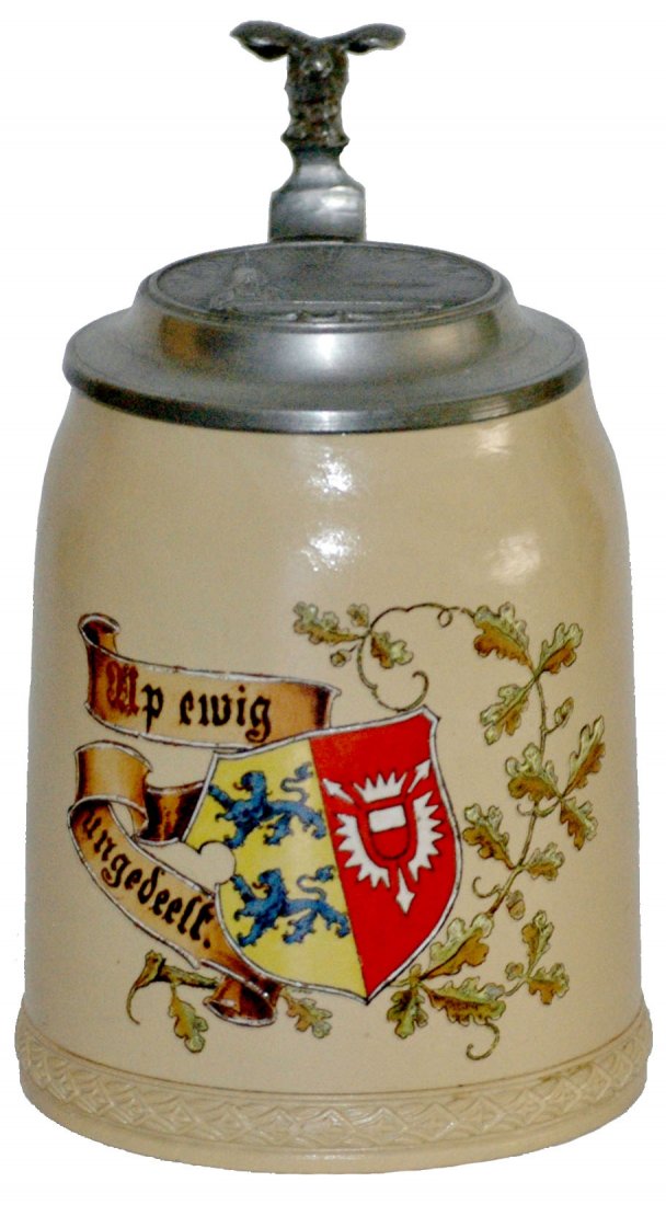 Mettlach Van Hauten Heraldic Shield Stein: Mettlach # 285 POG 1/2L. Heraldic shield and floral. Van Hauten. Relief lighthouse on the lid. Mint.