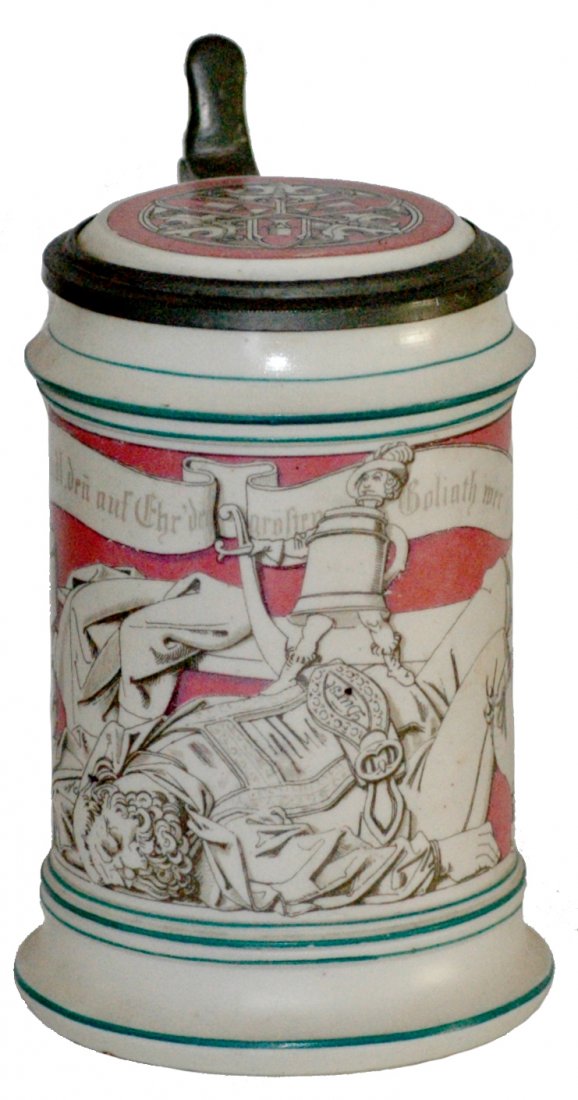 Mettlach Parian Cavalier Stein w Inlay: Mettlach Parian POG 1/2L. Drunk cavalier with walking stein on top of him. Inlay lid.