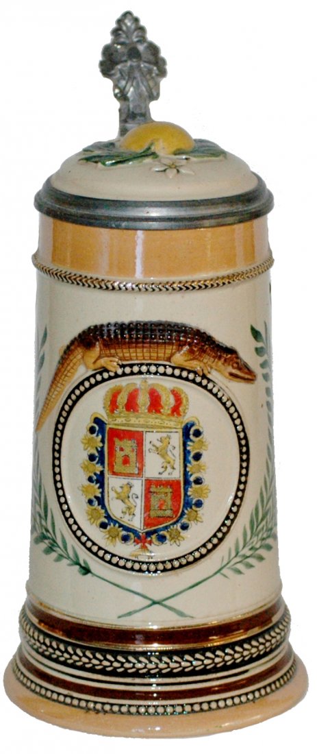 St Augustine Florida Alligator Handle Stein: Marzi & Remy #6049 POG 1/2L. St Augustine, FL Alligator handle. Inlay lid. Mint