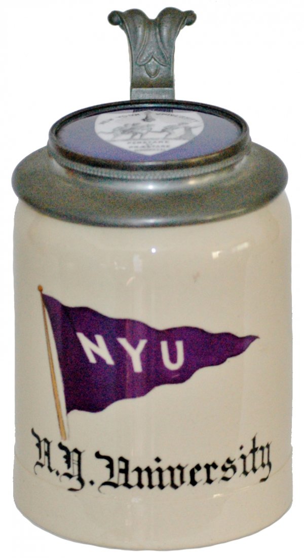 New York University Copper Inlay Stein: Pottery POG 1/2L. "New York University "O' Hara Dial enamel copper inlay of school shield. Mint