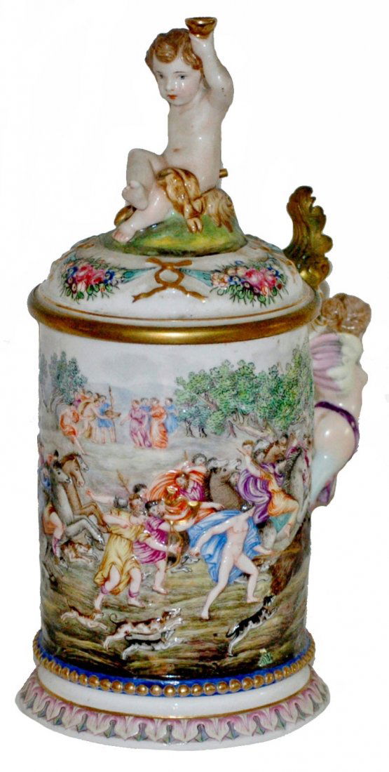 Cherub Finial w Boar Hunt Capo-di-Monte Stein: Porcelain Capo-di-Monte Painted Relief 1/2L. Boar hunt scene. Cherub finial lid. Figural woman handle. Brass mounts. Italian, circa 1840. Mint.